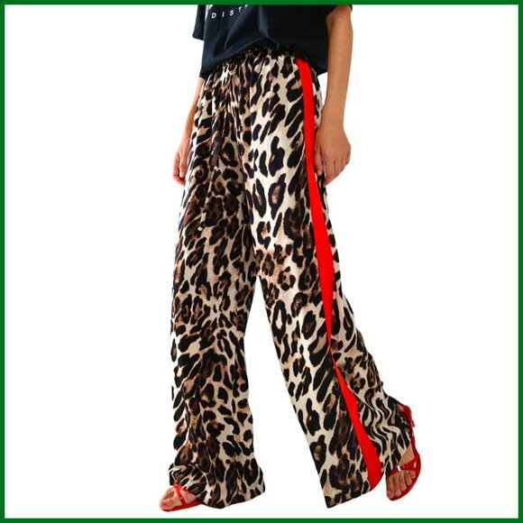 Drawstring Waist Leopard Print Casual Pants Wide Leg Loose Fit